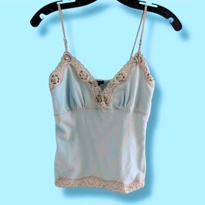 💕Eyeshadow Baby Blue Lace & Beads Trim Spaghetti Strap Cami • Small *See Below